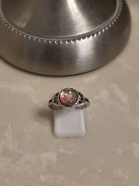 Silver and Pink Colorburst Cabochon Ring Size 6.5
